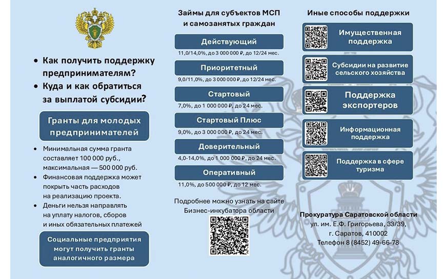 Прокуратурой Саратовской области разработана памятка &quot;Как получить поддержку предпринимателям: куда и как обратиться за выплатой субсидии, сроки, подача заявления&quot;..